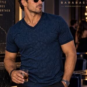 BARABAS Mens 2XL Floral Textured V Neck Shirt Navy Blue Stretch Y2K Clubwear